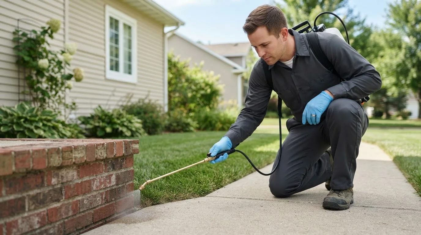 Pest control technician treating a home near Joinerville, TX
